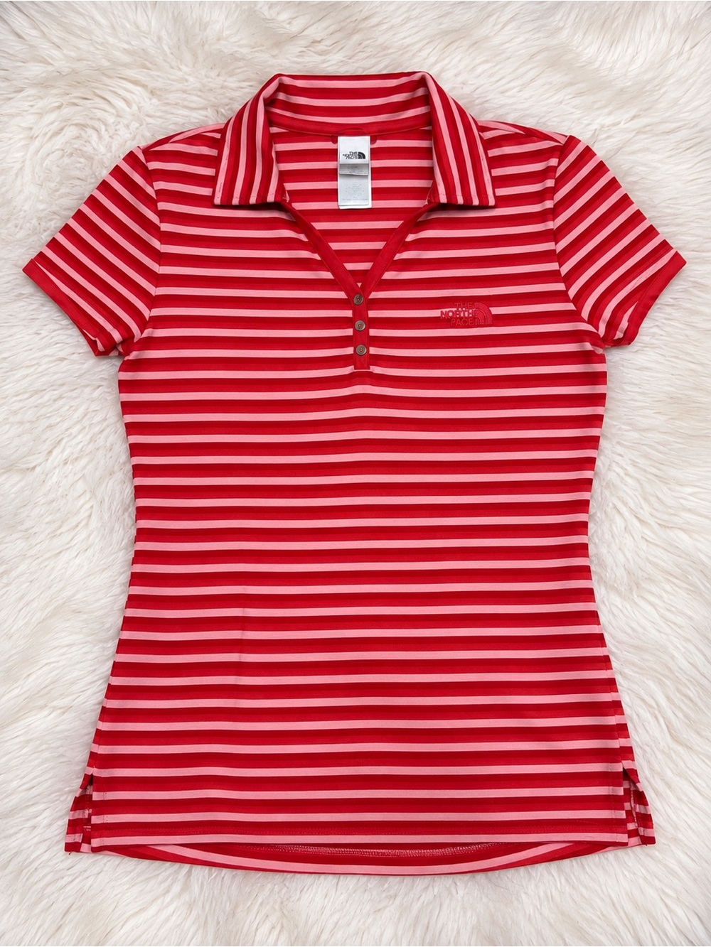 The North Face Women's Red and Light Pink Striped Polo Tee